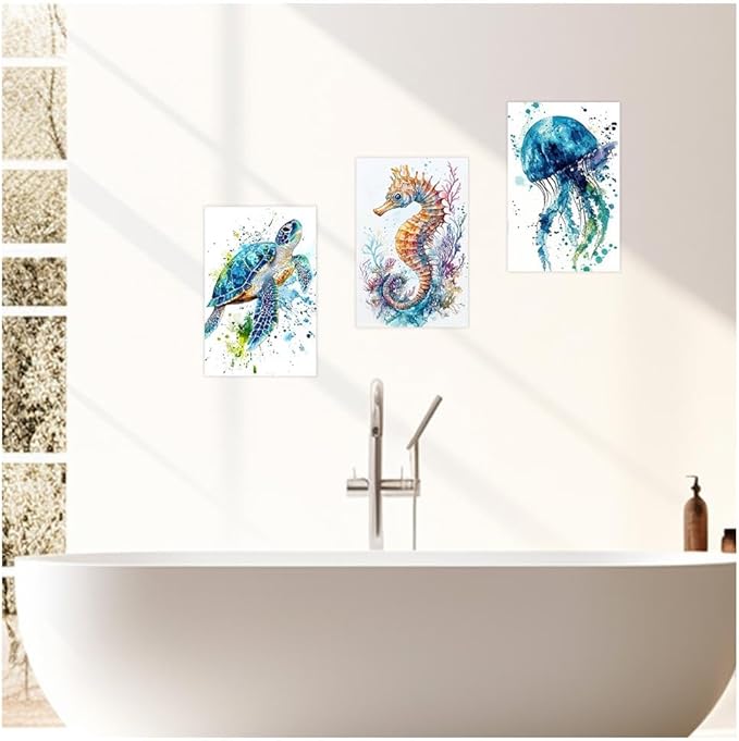 DOARTDO Ocean Animals Wall Art 3 Pieces Sea Animals Canvas Prints Watercolor Seahorse Jellyfish Sea Turtle Pictures Kids Nursery Bathroom Home Decor Framed (12"x16"x3 Pieces)