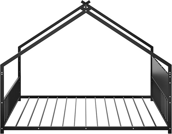 Ball & Cast Full Size Floor Bed,Low to Ground Montessori Bed with Roof & Colorful LED Lights,Toddler House Bed Frame W/Slats and Legs,No Box Spring Needed,for Girls Boys,Black