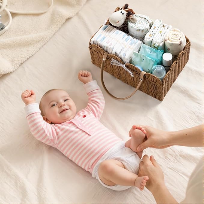 HBlife Baby Diaper Caddy Organizer, Washable Waterproof, Large Portable Scalloped Wicker Woven Basket with Divider, Nursery Diaper Station, Baby Shower Gifts Basket - Newborn Essentials, Car Organizer