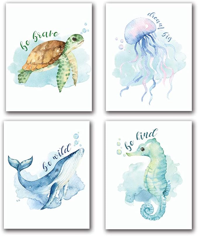 LONLONBANG Funny Watercolor Ocean life Quotes Art Print, Picture Poster for Nursery Kids Girls Bedroom Bathroom Home Decor, Sea turtle sea horse jellyfish whale, Set of 4 8X10 inch, No Frame