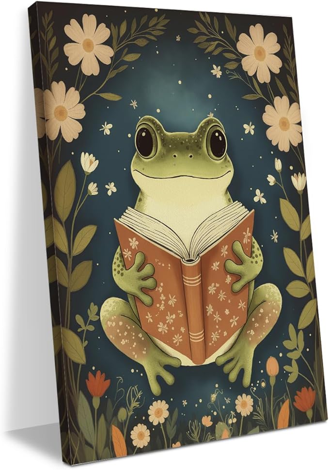 Whimsical Reading Frog Decor Book Lovers Gifts Bookish Gifts Wall Decor Canvas Wall Art Framed Prints Artwork for Living Room Library Office Cozy Art Study Nursery Decorations Painting 11.5X14.5 Inch