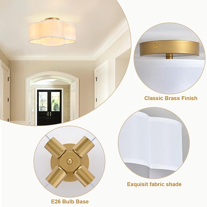 Gold 4-Light Semi Flush Mount Ceiling Light, White Fabric Close to Ceiling Light Fixtures, Clover Drum Ceiling lamp for Bedroom, Hallway, Kitchen, Corridor, Lanudry Room, Nursery