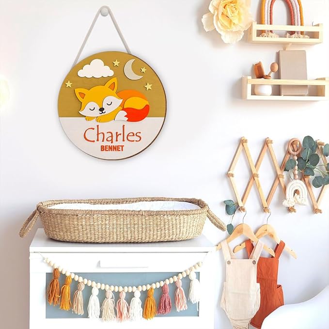 Personalized Wooden Name Sign with Sleeping Fox | Custom Door Sign for Nursery Wall Decor, Bedroom Wall Art, and Playroom Hanging Decoration