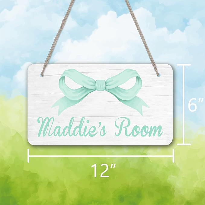 Personalized Mint Green Bow Kids Room Door Sign Custom Name Girls Boys Bedroom Decor Toddler Baby Nursery Wood Art Wall Plaque 12x6 Inches
