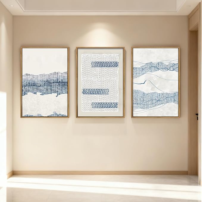 IARTTOP Large Blue Abstract Framed Canvas Wall Art 16x24 Inch Neutral Modern Art Prints Minimalist boho Artworks for Living Room Bedroom Office Set of 3