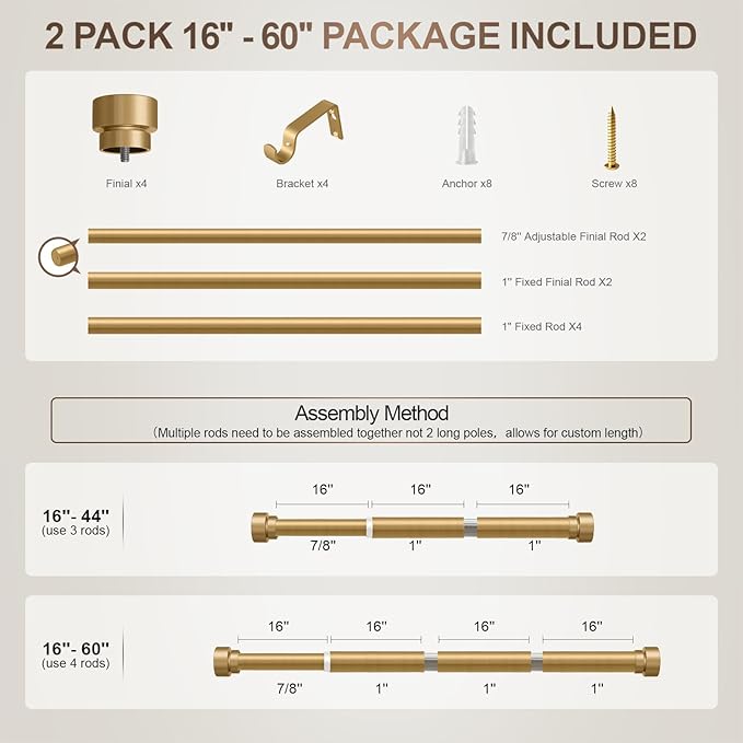 2 Pack Modern Gold Curtain Rods Set for Windows 28 to 48 Inches Adjustable Length Heavy Duty 1" Diameter Window Curtain Rod with Decorative Finials for Outdoor Bedroom Kitchen Living Room
