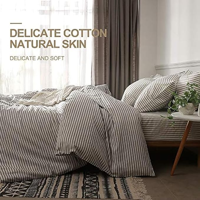 JELLYMONI Duvet Cover, 100% Natural Cotton, Printed Comforter Cover with Zipper Closure and Corner Ties (Super King Plus 120×120 Inch, White Duvet Cover Set with Grey Stripes Pattern)