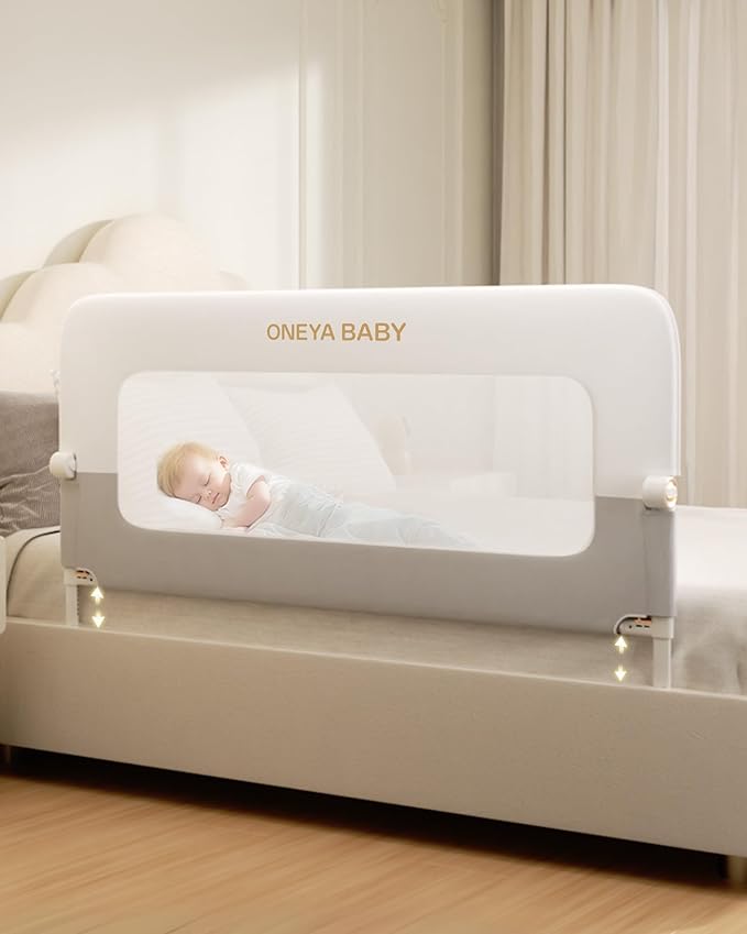 Baby Bed Rail Guard, 48in Thickened Toddler Bed Rail for Toddlers, Extral Tall Swing Down Kids Child Safety Side Railing Guards/Rails for Twin, Full, Queen, King Bunk Size Bed, White/Grey, 27”H