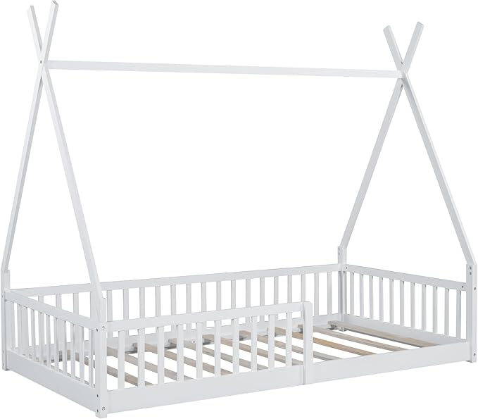 Merax Twin Size House Platform Frames Bed Floor Bed with Fence for Boys or Girls, No Box Spring Needed(Slats Kit Included), White