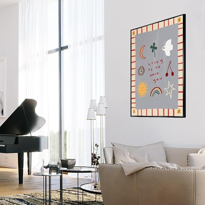 Colorful Cute Cartoon Posters Lucky Is To Have You Inspirational Wall Art Boho Nursery Positive Affirmations Canvas Minimalist Print Decor Picture for Kids Bedroom Playroom 20x30inch Metal Black Frame