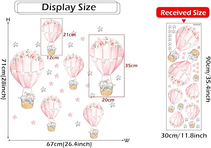 6 Pink Hot Air Balloons Sleeping Baby Elephants Stars Wall Stickers, sacinora Cute Art Wall Decals Removable Vinyl Peel and Stick for Kids Baby Girl Nursery Bedroom Toddler Room Decorations