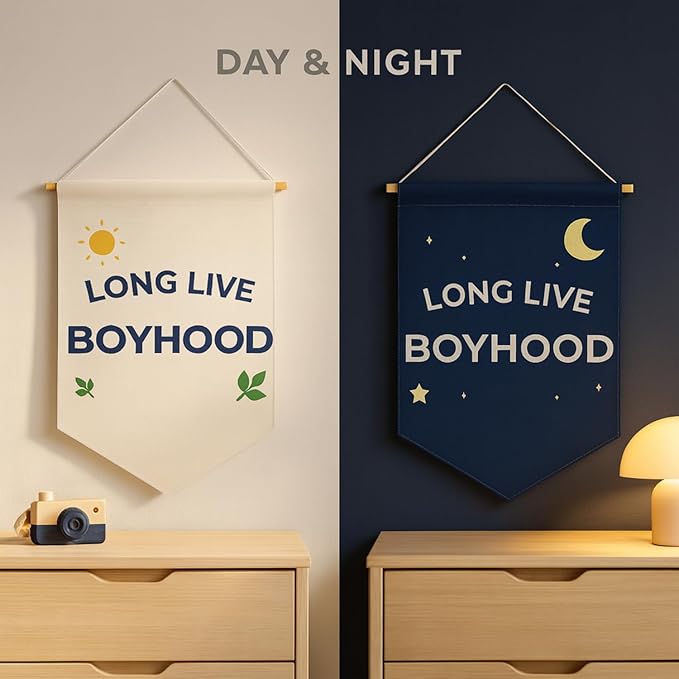 Long Live Boyhood Banner – Double Sided Day & Night Linen-Look Canvas Wall Hanging Flag for Boys Room Decor, Toddler Nursery, Kids Playroom, Bedroom Pennant