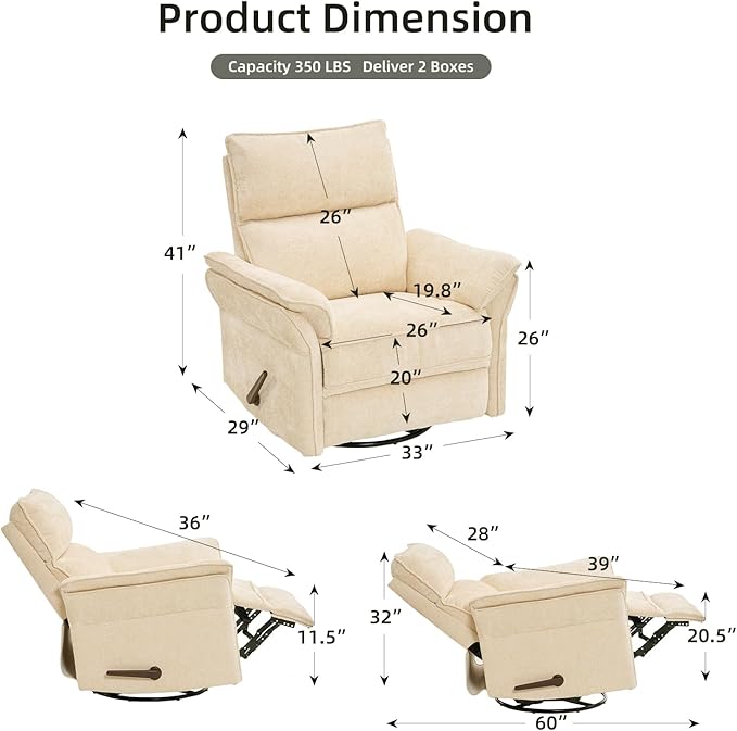 Oversized Recliner Chair, 26" Extra Wide 360° Swivel Rocker Recliner with Adjustable Headrest, Chenille Glider Rocking Nursery Chair with Overstuffed Armrest, Lumbar Support, Beige