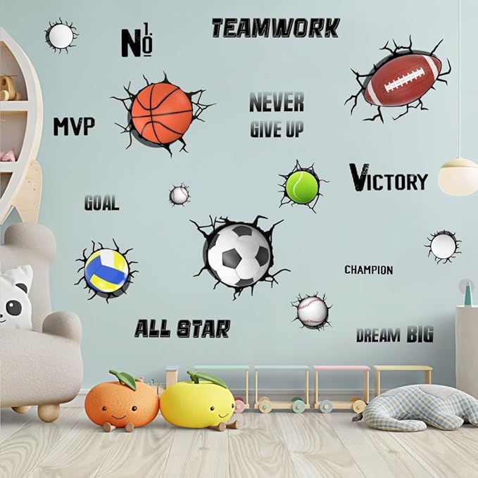 3D Sport Balls Wall Decals, Football, Volleyball, Rugby, Basketball, Tennis Vinyl Wall Stickers, Removable Sports Break Through The Wall Artwork for Boys Bedroom Playroom Decor