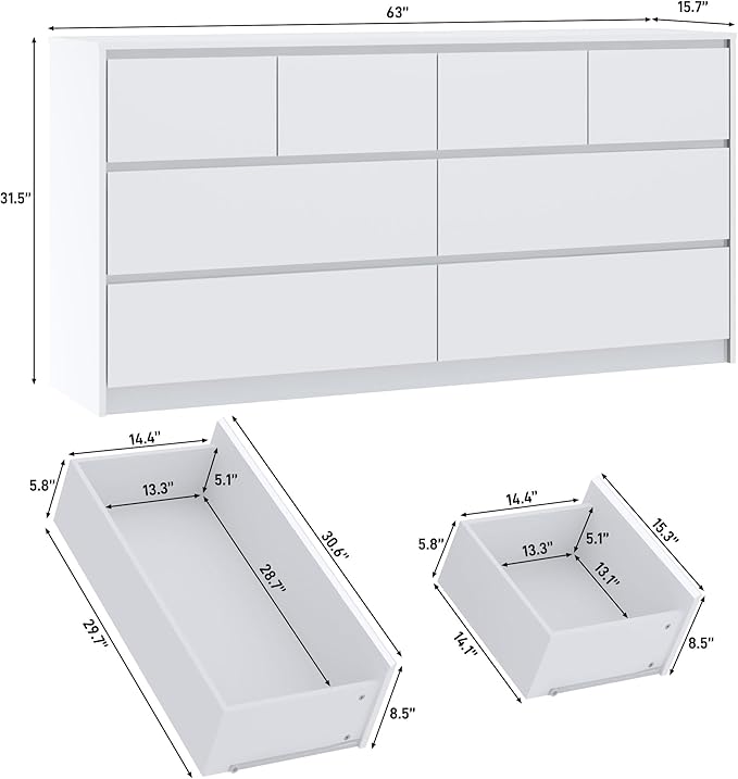 White Malm Dresser for Bedroom, 63 Inch Full High Gloss Dresser with 8 Drawers, Modern Large Wood Chest of Drawer Handle Free, Living Room, Entryway, Hallway, White