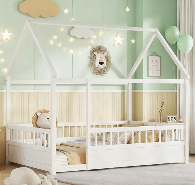 Bellemave Full House Bed for Kids, Wooden Kids bedframe with Rails and Storage, Montessori Floor beds with high guardrail Without slats, White