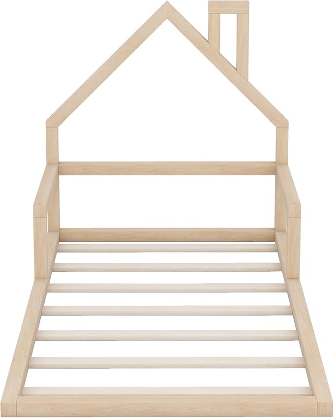 Harper & Bright Designs Twin Size Floor Bed with House Shaped Headboard, Montessori Floor Bed for Kids, Solid Wood Low Bed Frame for Bedroom, Playroom, Wooden Slats Support, Natural