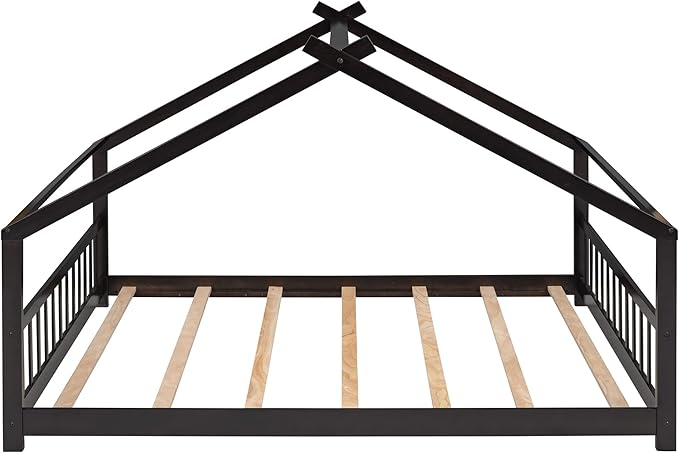 Ball & Cast Full Size Floor Bed,Low to Ground Design Montessori Bed with Roof,Toddler House Bed Frame W/Slats,No Box Spring Needed,for Girls Boys,Espresso