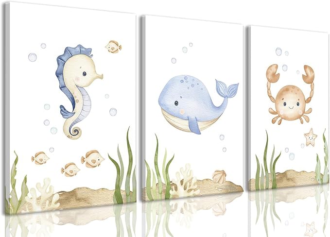 Wodkwq Ocean Nursery Decor, Set of 3, 12x16 Inch Framed Canvas Prints, Under The Sea, Boys Room, Kids Bathroom, Bedroom Wall Art