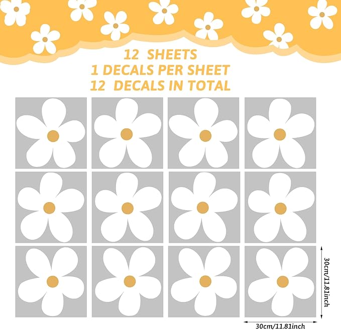 TaoBary 12 Sheets Daisy Wall Decal Flower Wall Sticker Cute Daisy Sticker Pink White Flower Decal Peel and Stick Floral Wallpaper for Nursery Bedroom Home Decor(White, Yellow,Charming Style)