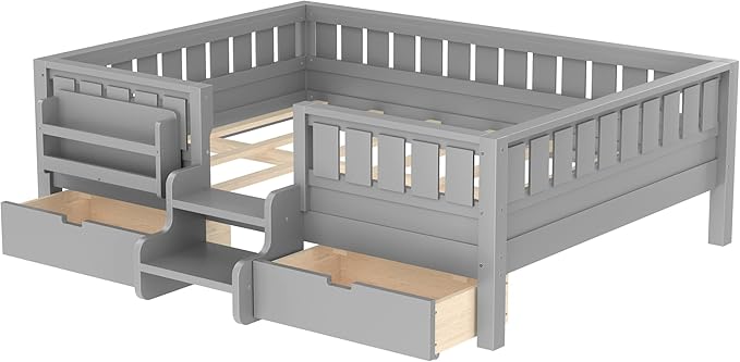 Bellemave Full Size Bed with Slats and Stairs, Full Size Platform Bed Frame with Fence, Bookshelf and Storage Drawers, Easy Assemble Beds for Kids, Girls, Boys, Gray