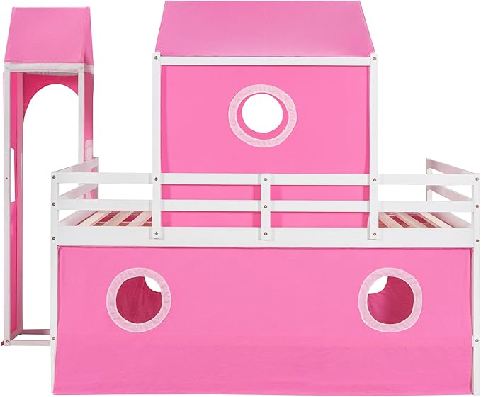 Playhouse Design Full Size Low Loft Bed with Slide & Tent and Tower, Solid Wood Tent Bed Frame for Kids Boys Girls, Versatile Spacious Under Bed Space with Curtains (Pink-TE)