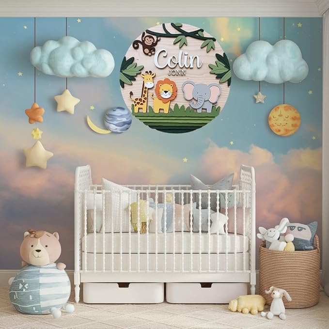 Personalized Name for Nursery Wall, Animals Sign for Baby Door Decor, Newborn Gifts for Girl, Girls Nursery Wall Bedroom Decorations, Mother's Day Gifts for New Mom Dad Gift