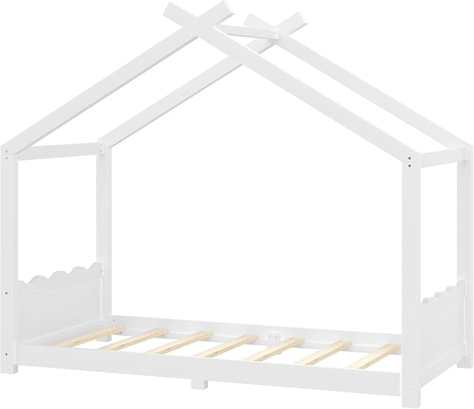 Twin Size Wooden House Floor Bed - Kids Bed Frame with Roof & Support Slats for Bedroom, No Box Spring Needed, Easy Assembly (White)