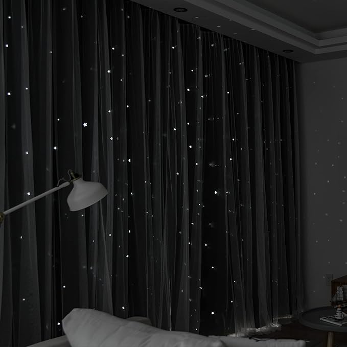 Kinryb Black Star Cutout Blackout Curtains Double Layer Curtains with Durable Sheer Curtains for Bedroom Thermal Insulated Window Treatment Set with 2 Free Tiebacks (52W x 72L 2 Panels Black)