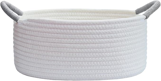 Yimi's Dream Basket for Gifting, Small Baskets for Shelves, White Cotton Rope Basket with Grey Handle for Decor, Baby Cat Dog Toy(Oval, 12"x 8"x 5")