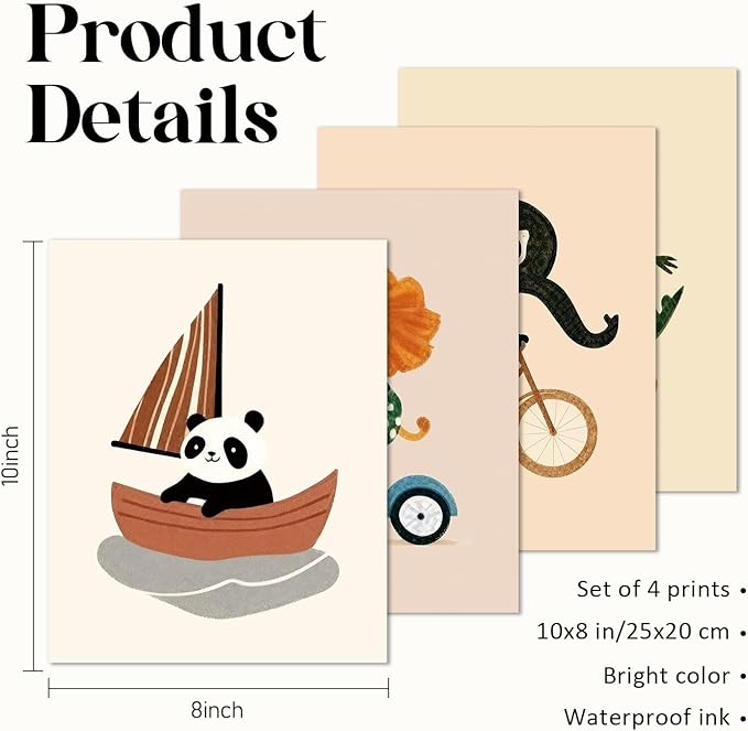 VONTP Kids Animal Nursery Wall Art Decor, Retro Lion Panda Crocodile Elephant Nursery Prints Poster Wall Decorations for Kids Nursery Toddler Room Bedroom Playroom, 8x10 Inch Set of 4 (Unframed)