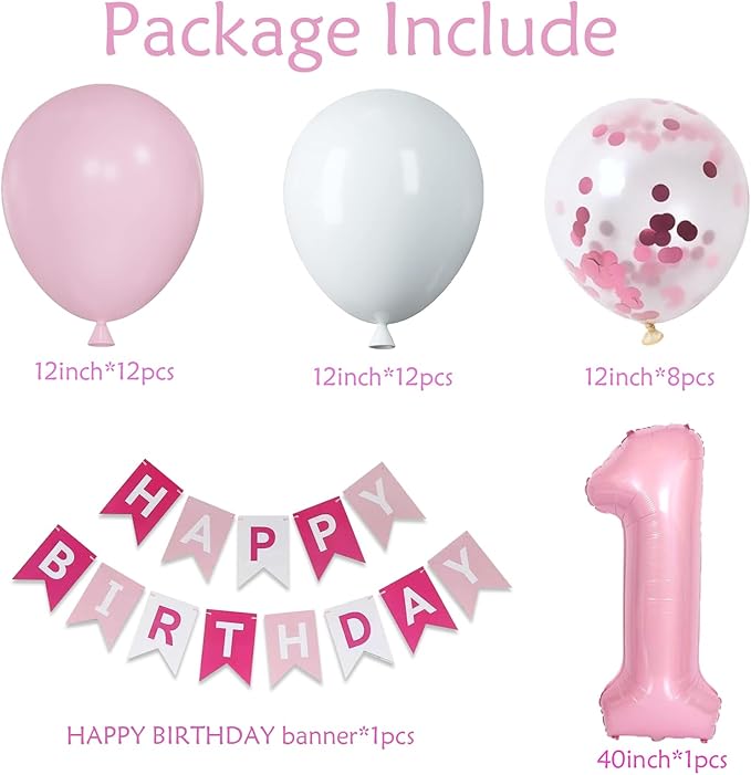 First Birthday Decorations for Girl - Pink Balloon Set With White Confetti, 40-inch '1' Balloon and Happy Birthday Banner for Baby Princess