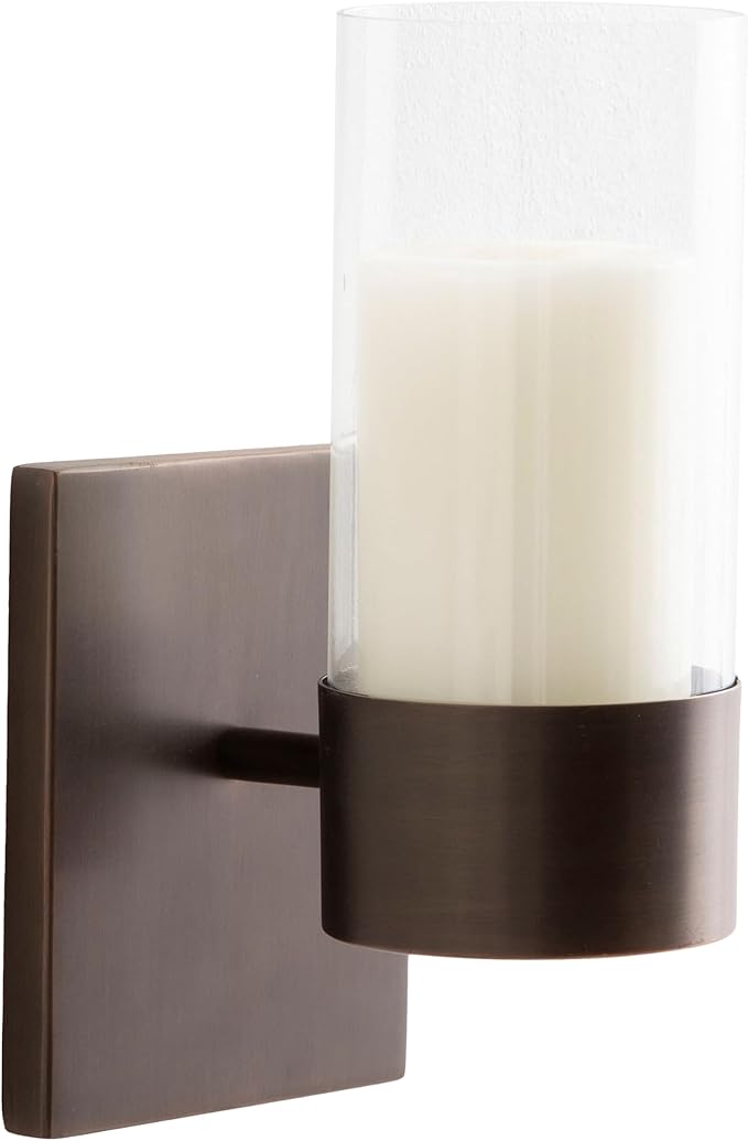 Kate and Laurel Zabler Modern Metal Wall Sconce, 5 x 6 x 10, Bronze, Round Candle Holder with Removable Glass Cylinder for Flameless Candle Display in Bedroom or Bathroom
