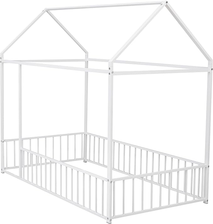 Bellemave Twin Size Montessori Floor Bed, Metal House Bed Framefor Kids, Montessori Floor Beds with Fence, Playhouse for Kids,White