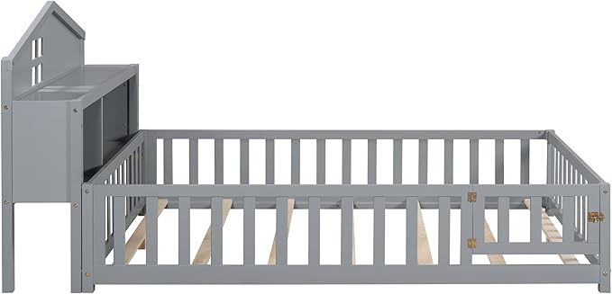 Bellemave Full Size Floor Bed for Kids, Girls, Boys, Solid Wood Montessori Bed with Storage headboard, Door, Storage, Grey