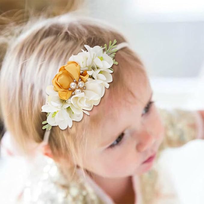 Baby Girl Floral Headbands- 3pcs Nylon Headband Handmade Flower Crown Elastic Hairband Newborn Toddler Hair Accessories Gifts for Girls （1-6 years old）