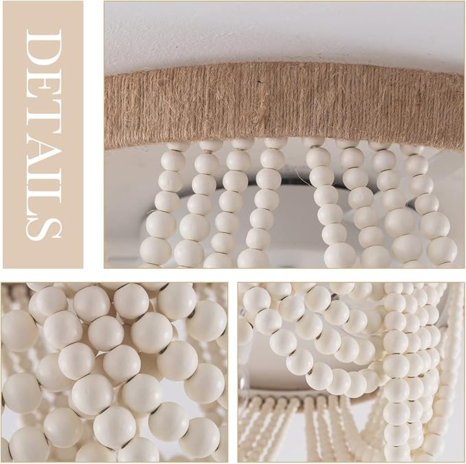 VILUXY Bohemia Wood Beaded Flush Mount Ceiling Light Antique Rustic Mini Chandelier White Finishing for Bedroom,Nursery Room, Girl Room, Hallway, Entryway, Passway, Dining Room, 3-Light UL Listed