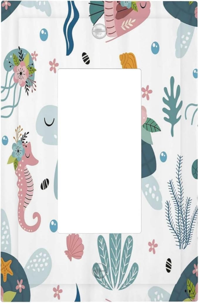 Underwater Floral Turtle Animal Single Rocker Light Switch Covers 1 Gang Outlet Cover Wall Plate Decorative GFCI Switchplate Faceplate for Nursery Kidsroom Bedroom Decor