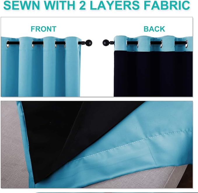 NICETOWN 100% Blackout Window Curtain Panels, Teal Blue, 2 Pieces, 70-inch Wide Per Panel, Full Light Blocking Drapes with Black Liner for Nursery, 72-inch Drop Thermal Insulated Draperies