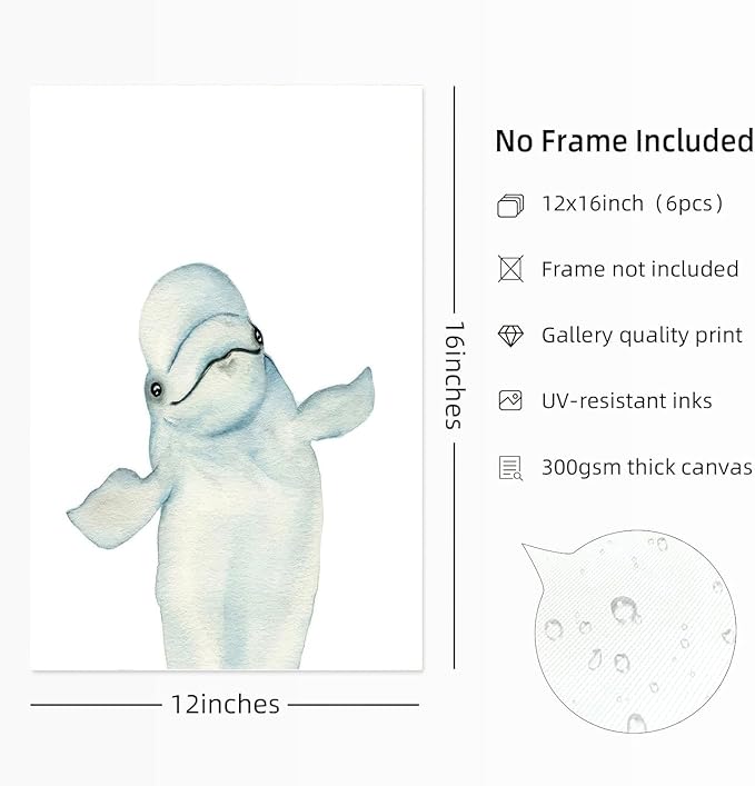 Wodkwq Nursery Wall Art Sea Animal Canvas Prints Baby Girl Boy Room Decor Watercolor Paintings Pictures Cute Ocean Theme Toddler Room Decoration Set of 6 for Kids Bedroom Bathroom 12x16in Unframed