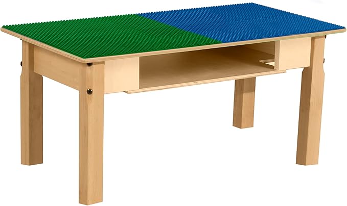 Contender Time-2-Play Kids Birch Plywood Blue & Green Montessori Lego Compatible Table with Shelf for Playroom, All Purpose Activity Play 30.75" W Rectangular Desk for Toddlers [14" Long Legs]