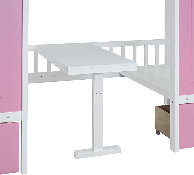 Playhouse Twin Size Loft Bed with Storage Staircase, Solid Wood Bunk Bed Frame with Guardrail for Kids Teens Boys Girls, Down Bed Convertible to Seats and Table Set (Pink-C)