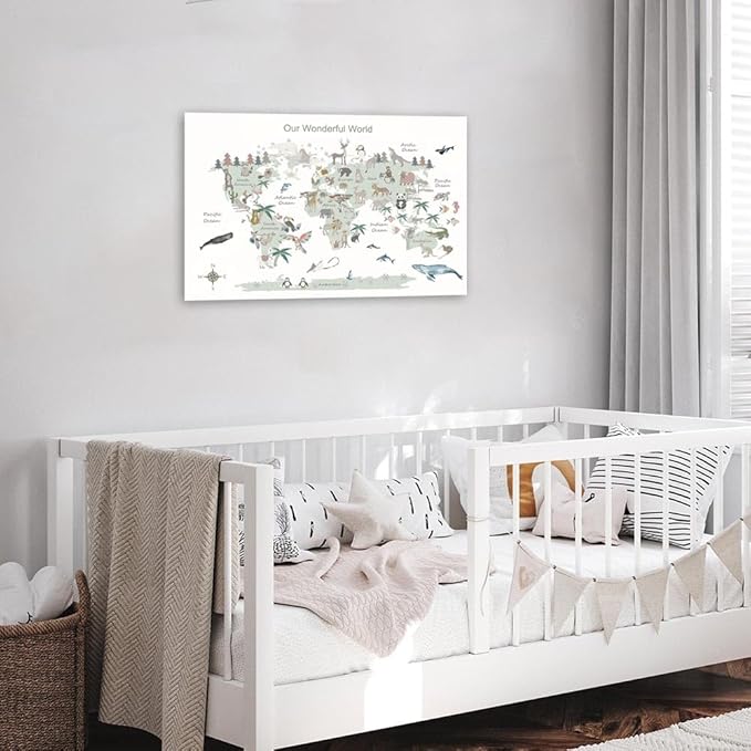 Educational Posters for Toddlers 1-3, Toddler Learning Poster for Kids Ages 3-5, World Map Canvas Print Nursery Preschool Homeschool Kindergarten Classroom Decor 16x24 Inch Unframed C
