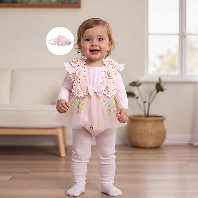 Giraropa Baby Girl Fall Winter Clothes Long Sleeve Romper Dress + Socks + Headband Newborn Infant Cute Casual Outfits