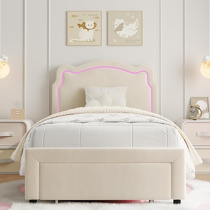 GarveeHome Twin Upholstered Smart LED Bed Frame with Headboard and LED, Velvet Princess Platform Bed Frame, Wooden Slats Support, No Box Spring Needed (Beige with Drawer, Twin)