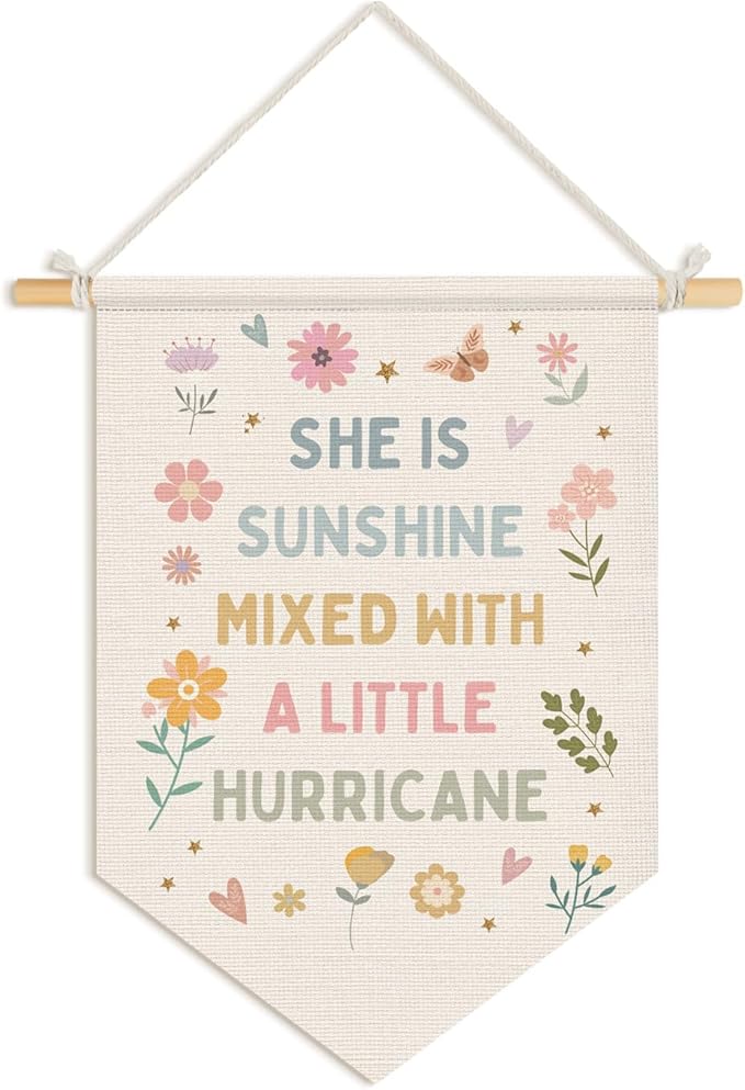 Wheatwin Baby Girl Nursery Decor, Girls Room Wall Hanging Pennant Flag Banner, Pastel Floral Wall Decor Gifts for Girls Toddler Room Playroom 15x11 Inch