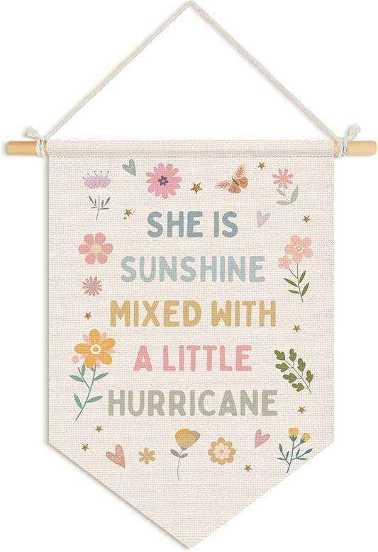 Wheatwin Baby Girl Nursery Decor, Girls Room Wall Hanging Pennant Flag Banner, Pastel Floral Wall Decor Gifts for Girls Toddler Room Playroom 15x11 Inch