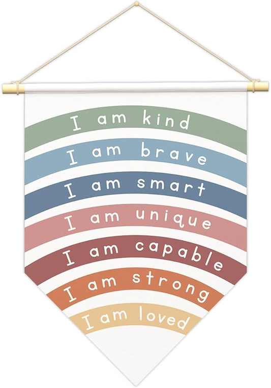 Positive Affirmations Wall Art for Kids,I Am Enough,Rainbow Inspirational Classroom Decor, I Am Kind Smart Brave Loved Nursery Banner, Bedroom Hanging Sign,Nursery Motivational School Wall Decor-B11