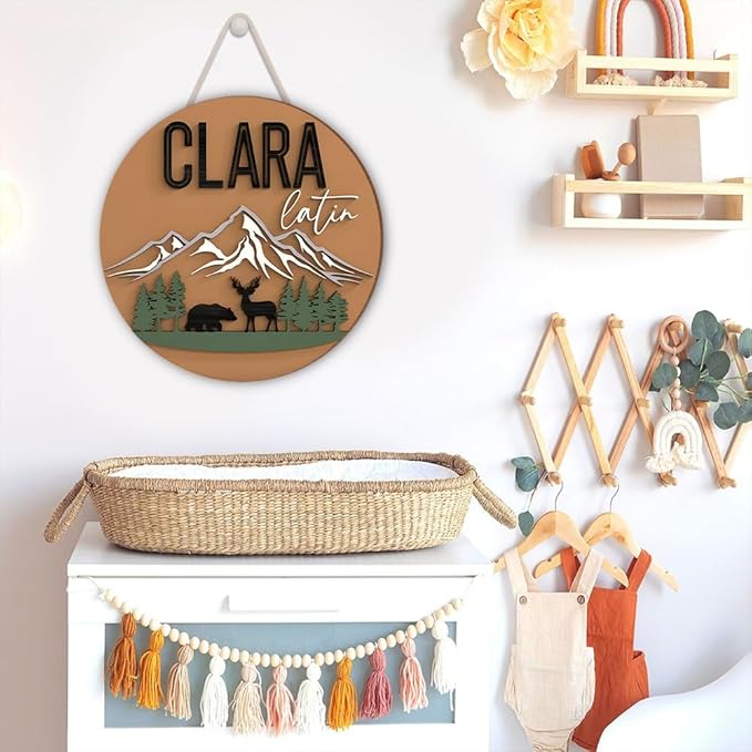 Custom Wood Name Sign for Nursery – Mountain and Wildlife Theme Round Wall Decor –Jungle Hanging On The Door-Custom Bedroom Door Sign Natural Wood Circle