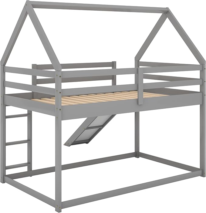 Twin Size Bunk House Bed with Slide and Ladder,can Switch Positions Left & Right,Bedroom Wood Loft Bed Frame W/No Box Spring Required,Easy to Assemble,for Kids Teens Girls Boys,Gray